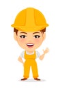 Builder woman. Funny female worker with big head showing hello gesture.