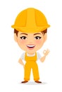 Builder woman. Funny female worker with big head showing OK gesture.