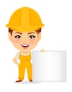 Builder woman. Funny female worker with big head standing near blank sign.