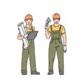 Builder woman and man in professional uniform and protective helmet. Vector people illustration in line art style on