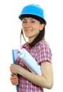 Builder woman in protective helmet with documents