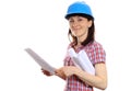 Builder woman in protective helmet with documents