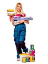 Builder woman with wallpaper Royalty Free Stock Photo