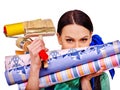 Builder woman with wallpaper Royalty Free Stock Photo
