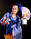 Builder woman with wallpaper. Royalty Free Stock Photo