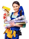 Builder woman with wallpaper. Royalty Free Stock Photo