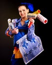 Builder woman witn wallpaper. Royalty Free Stock Photo