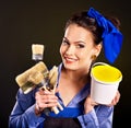 Builder woman witn wallpaper. Royalty Free Stock Photo