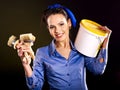 Builder woman witn wallpaper. Royalty Free Stock Photo