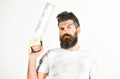 Builder, worker, carpenter, handyman holds saw or hacksaw, Royalty Free Stock Photo