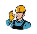 Builder or worker in construction helmet. Repair, fix, industry logo. Vector illustration Royalty Free Stock Photo