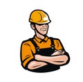 Builder or worker in construction helmet. Repair, fix, industry logo. Vector illustration