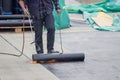 Builder worker at floor slab insulation work Royalty Free Stock Photo