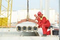 Builder worker installing concrete slab Royalty Free Stock Photo