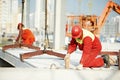 Builder worker installing concrete slab