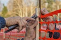 Builder worker Installing Construction Safety Fence 2 Royalty Free Stock Photo