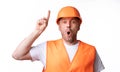 Builder Worker Pointing Finger Up Having Idea On White Background Royalty Free Stock Photo