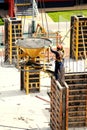 builder worker with tube from truck mounted concrete pump pouring cement into formwork reinforcement Royalty Free Stock Photo