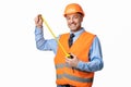 Builder Workman Posing With Tape-Measure Smiling To Camera, White Background