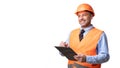 Builder Holding Folder Taking Notes Looking Aside Over White Background Royalty Free Stock Photo
