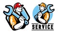 Construction worker, engineer emblem. Builder with wrench, workshop logo. Vector illustration