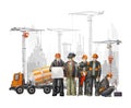 Builders on the building site. Industrial illustration with workers, cranes and concrete mixer machine