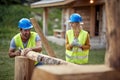 Builders are chatting while working on a wooden cottage in the forest. Construction, building, workers Royalty Free Stock Photo