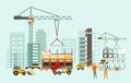 Builders on the construction site. Building work process with houses and construction machines. Vector illustration with