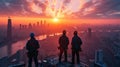 Builders and construction workers silhouetted to top of new skyscraper are looking over the City and sunset Royalty Free Stock Photo