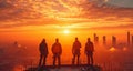 Builders and construction workers silhouetted to top of new skyscraper are looking over the City and sunset Royalty Free Stock Photo