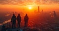 Builders and construction workers silhouetted to top of new skyscraper are looking over the City and sunset Royalty Free Stock Photo