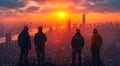 Builders and construction workers silhouetted to top of new skyscraper are looking over the City and sunset Royalty Free Stock Photo