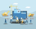 builders and desktop with webpage under cosntruction