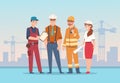 Builders and engineers background. Cartoon factory workers and business characters at construction. Vector team