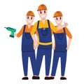 builders, handymen, repairmen in helmets. male builders dressed in work clothes, construction overalls stand in group.satisfied