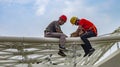 Builders install light illumination on the scenery of Optics Valley Square, Wuhan