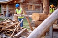 Builders making a wooden cottage in the forest. Construction, building, workers Royalty Free Stock Photo