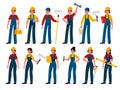Builders. Men and women professional contractors, technician with toolbox, painter, carpenter and mechanic in uniform