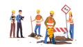 Builders men, women repairing road Royalty Free Stock Photo