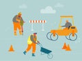 Builders in Overalls with Heavy Asphalting Machinery Roadwork and Asphalt Paving. Special Transport, Pavement Compactor Royalty Free Stock Photo