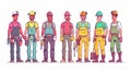 Builders, repair technicians, construction foremen, and tilers, plumbers, painters in uniform with tools, line art flat Royalty Free Stock Photo