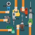 Builders Tools flat Modern background with hand