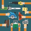 Builders Tools Modern flat background with hand