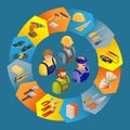 Builders in uniform, professional tools isometric icons. Royalty Free Stock Photo