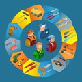 Builders in uniform, professional tools isometric icons. Royalty Free Stock Photo