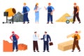 Builders with a wheelbarrow concrete mixer. Architects engineers construction contracts. Construction process. Vector