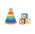 Building ABC block. Cartoon vector illustration. Baby toy pyramid, Playing wooden alphabet cube. logic game. Kid play developement