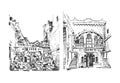 A building in Aleppo, Syria, before and after the destruction. Hand drawing. Vector