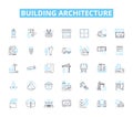 Building architecture linear icons set. Skyscraper, Blueprint, Facade, Columns, Foundations, Roofing, Materials line Royalty Free Stock Photo