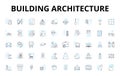 Building architecture linear icons set. Skyscraper, Blueprint, Facade, Columns, Foundations, Roofing, Materials vector Royalty Free Stock Photo